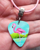 Pink Flamingo Guitar Pick Necklace on Pink Rolled Cord