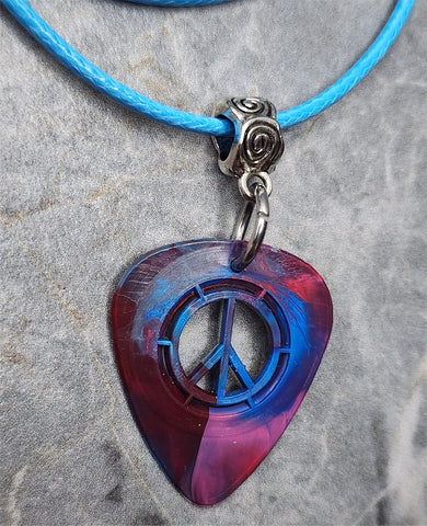 Peace Sign Cut Out Guitar Pick Necklace with Light Blue Rolled Cord