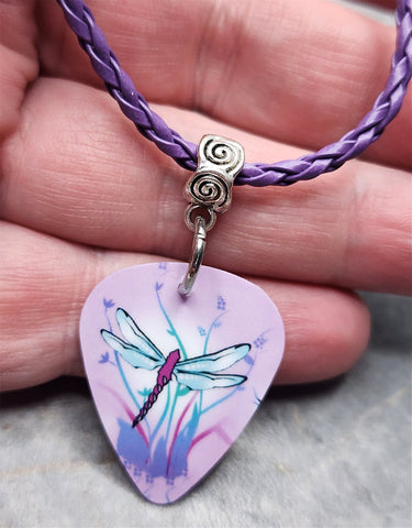 Dragonfly Guitar Pick on a Purple Braided Cord Necklace
