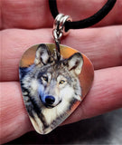 Wolf Guitar Pick Necklace with Black Suede Cord