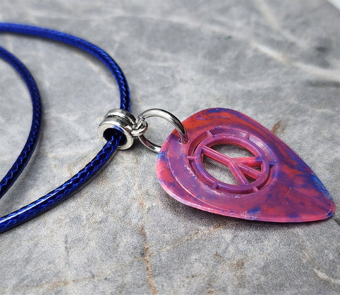 Peace Sign Cut Out Red and Blue Guitar Pick with Blue Rolled Cord Necklace