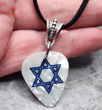 Star of David White MOP Guitar Pick Necklace on Black Suede Cord