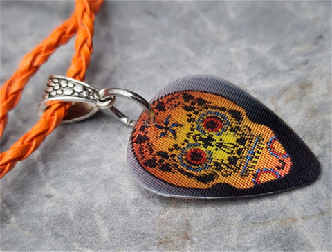 Burnt Orange and Holographic Blue Sugar Skull Guitar Pick Necklace with Orange Braided Cord