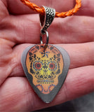 Burnt Orange and Holographic Blue Sugar Skull Guitar Pick Necklace with Orange Braided Cord