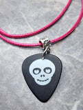 Skull with Heart Eyes Black Guitar Pick Necklace with Hot Pink Rolled Cord