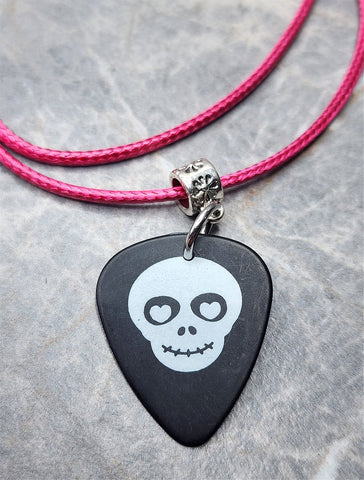 Skull with Heart Eyes Black Guitar Pick Necklace with Hot Pink Rolled Cord