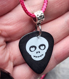 Skull with Heart Eyes Black Guitar Pick Necklace with Hot Pink Rolled Cord