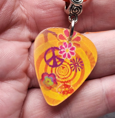 Holographic Flower Child Guitar Pick Necklace with Orange Rolled Cord