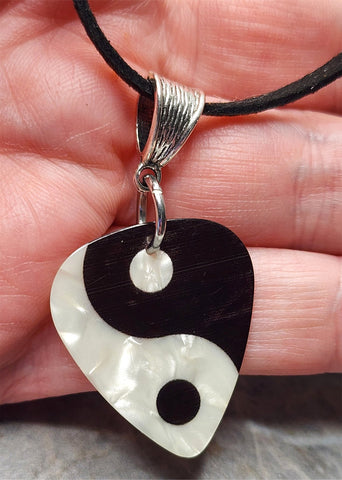 Yin and Yang Black and White MOP Guitar Pick Necklace with Black Suede Cord