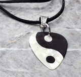 Yin and Yang Black and White MOP Guitar Pick Necklace with Black Suede Cord