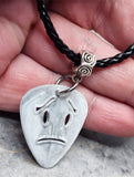 Frowny Face Emoji Cut Out Gray Guitar Pick Necklace with Black Braided Cord