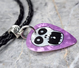 Open-Mouthed Skull on a Purple MOP Guitar Pick Necklace with Black Braided Cord