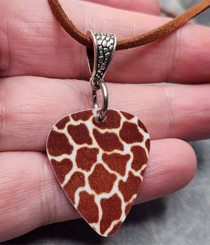 Giraffe Print Guitar Pick Necklace with Brown Suede Cord