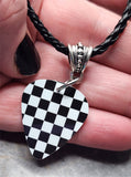 Checkered Guitar Pick on a Black Braided Cord Necklace