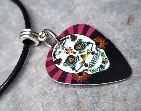 Sugar Skull Guitar Pick Necklace with Black Rolled Cord