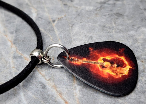 Acoustic Guitar in Flames Guitar Pick Necklace with Black Suede Cord