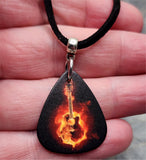 Acoustic Guitar in Flames Guitar Pick Necklace with Black Suede Cord