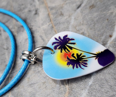 Palm Tree Guitar Pick Necklace with Aqua Blue Cord
