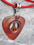 Red and Black Peace Sign Cut Out Guitar Pick Necklace with Red Rolled Cord