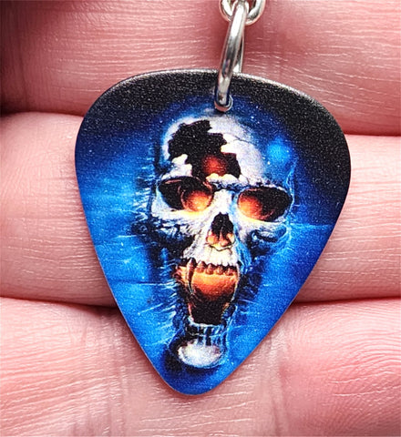 Fire Skull Guitar Pick Necklace with Black Suede Cord