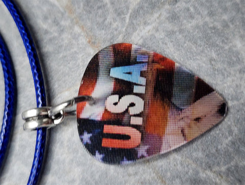 USA Rocks Holographic Guitar Pick Necklace with Blue Rolled Cord