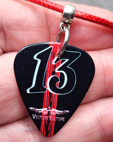 13 Guitar Pick Necklace with Red Rolled Cord