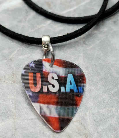 USA Rocks Holographic Guitar Pick Necklace with Black Suede Cord