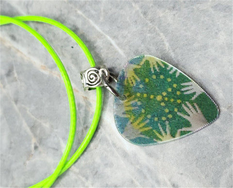 Holographic Flower Child Guitar Pick Necklace with Neon Green Rolled Cord