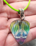Holographic Flower Child Guitar Pick Necklace with Neon Green Rolled Cord