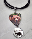 Grizzly Bear Guitar Pick Necklace on Black Suede Cord with Mama Bear Stainless Steel Charm