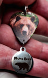 Grizzly Bear Guitar Pick Necklace on Black Suede Cord with Mama Bear Stainless Steel Charm