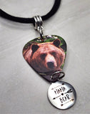 Grizzly Bear Guitar Pick Necklace on Black Suede Cord with Mama Bear Stainless Steel Charm