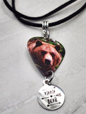 Grizzly Bear Guitar Pick Necklace on Black Suede Cord with Mama Bear Stainless Steel Charm