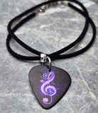 Purple G Clef Black Guitar Pick Necklace on Black Suede Cord
