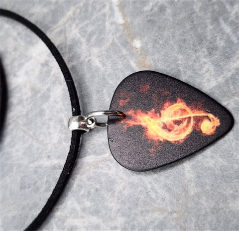 Clef Note in Flames Black Guitar Pick Necklace with Black Suede Cord