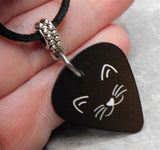 Black Cat Face Guitar Pick Necklace with Black Suede Cord