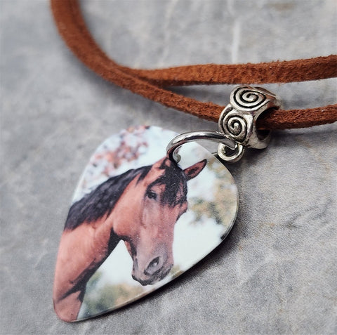 Beautiful Brown Horse Guitar Pick Necklace on Brown Suede Cord