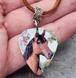 Beautiful Brown Horse Guitar Pick Necklace on Brown Suede Cord