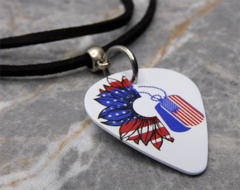 American Flag Sunflower and Dog Tags Guitar Pick Necklace with Black Suede Cord