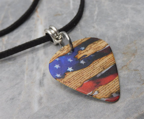 American Flag and The Constitution Guitar Pick Necklace with Black Suede Cord