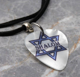 Star of David Shalom White MOP Guitar Pick Necklace on Black Sueded Cord