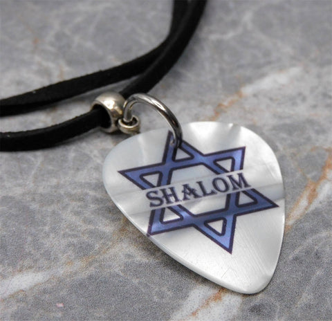 Star of David Shalom White MOP Guitar Pick Necklace on Black Sueded Cord