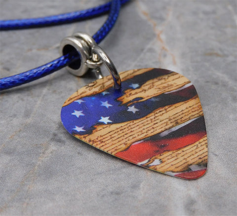 American Flag and The Constitution Guitar Pick Necklace with Blue Rolled Cord