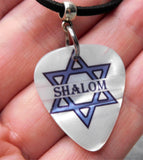 Star of David Shalom White MOP Guitar Pick Necklace on Black Sueded Cord