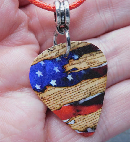 American Flag and The Constitution Guitar Pick Necklace with Red Rolled Cord