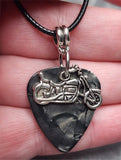 Motorcycle Charm on a Gray MOP Guitar Pick Necklace with a Rolled Black Cord