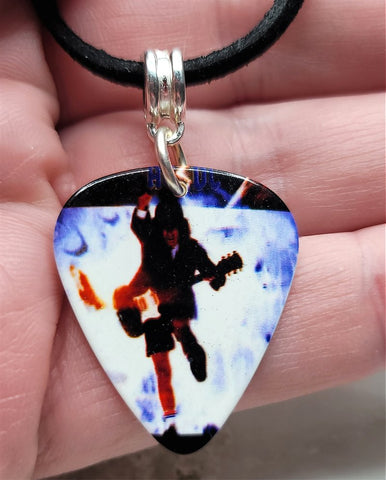 AC/DC Angus Young Guitar Pick Necklace on Black Suede Cord