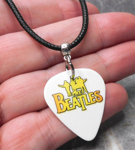 Orange and Yellow The Beatles Guitar Pick Necklace with Black Rolled Cord