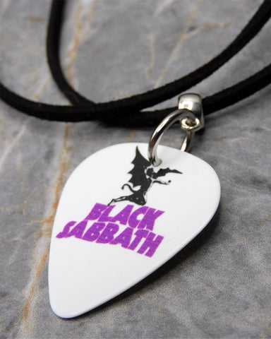 Black Sabbath Master of Reality White Guitar Pick Necklace on Black Sueded Cord