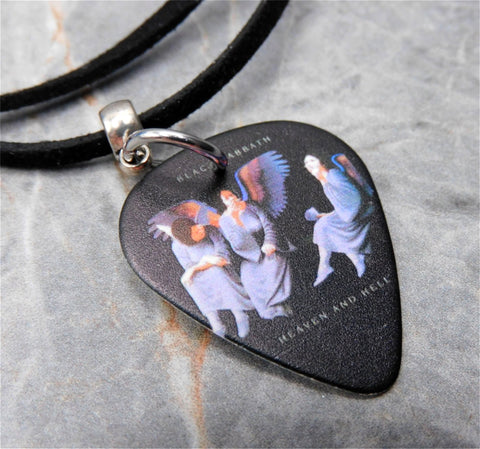 Black Sabbath Heaven and Hell Guitar Pick Necklace on Black Sueded Cord